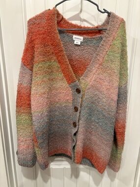 Textured V-Neck Button Cardigan Sweater in Multicolor Pastel Stripe